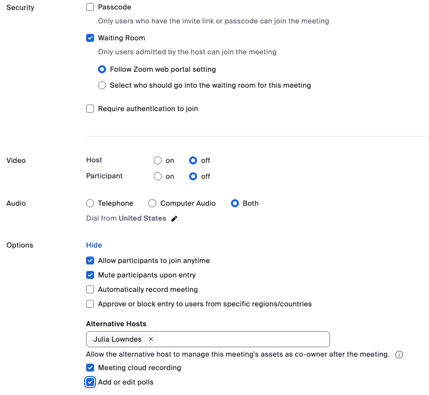 screenshot of Zoom meeting settings showing selection of Waiting Room and Alternative Hosts